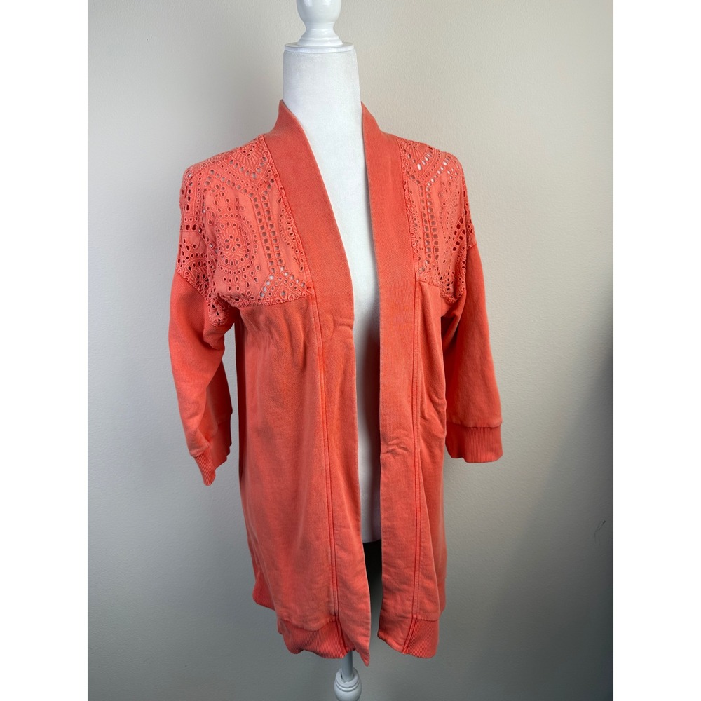 Coral Orange Eyelet Lace Open Front Cardigan Sweatshirt 3/4 Sleeve Boho Layer